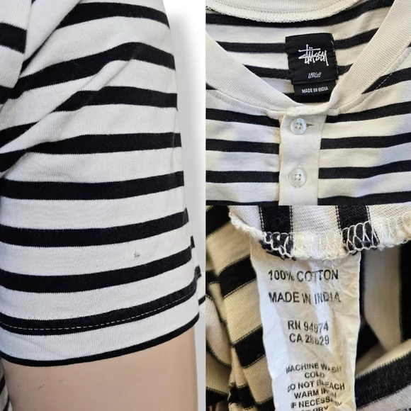 Stussy Black & White Striped Henley Shirt Size Large - Picture 7 of 8